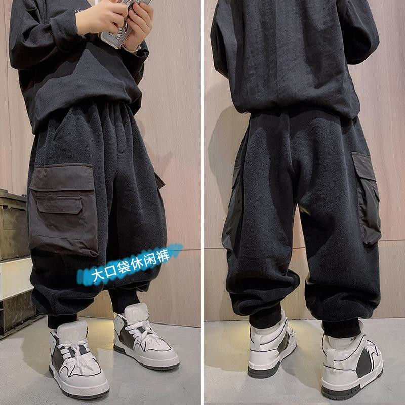 男童加绒裤子儿童休闲裤工装大童一体绒长裤宽松冬季炸街男孩童05