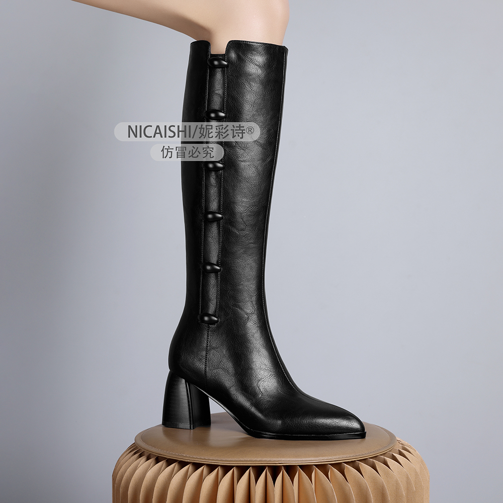 2024年新款法式不过膝平口轻奢气质粗跟洋气尖头加绒舒适长靴0933