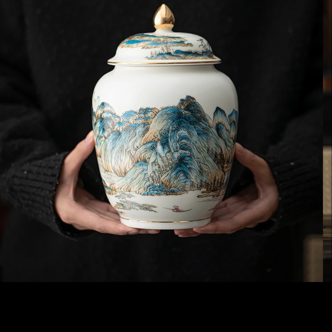 陶瓷茶叶罐中式大号小号山水富春山居图茶叶储存罐防潮防湿密封罐