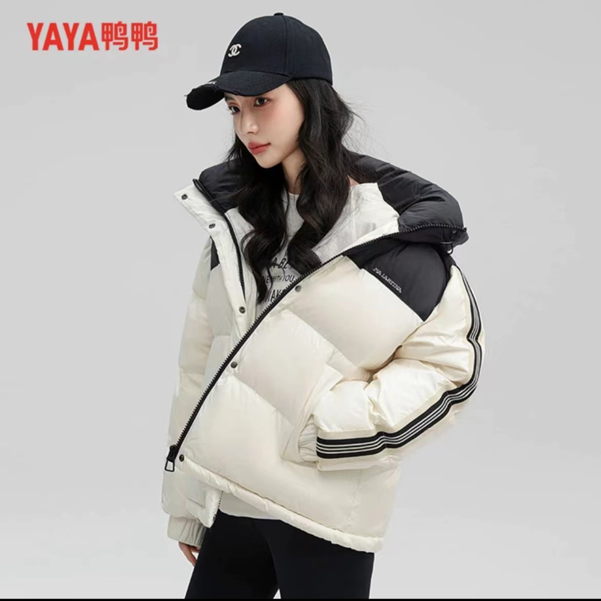 YAYA/2023情侣装爆款插色时尚收缩绳连帽运动羽绒服YE3B021337S