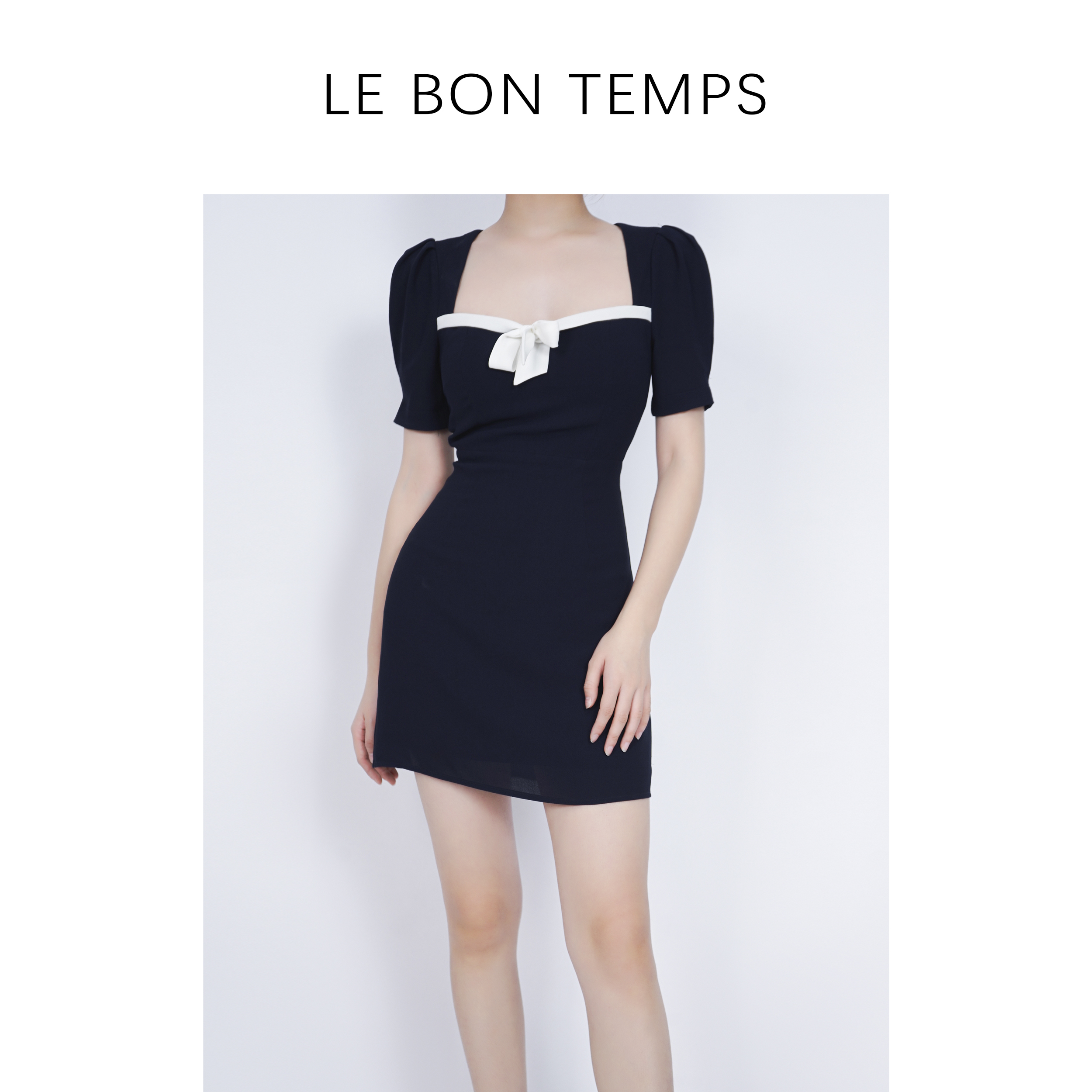 【LE BON TEMPS】设计师法式复古泡泡袖蝴蝶结连衣裙c800646