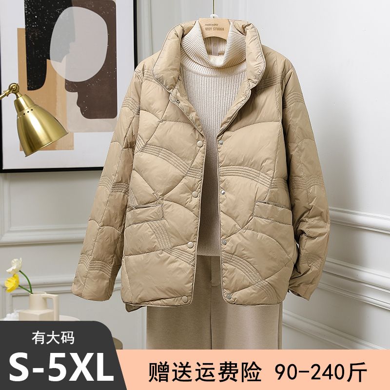 艾莱依羽绒服轻薄加肥加大码祥云款羽绒服女短款立领200斤胖妈妈