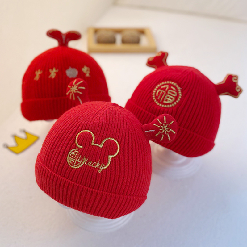 婴儿帽子秋冬 婴幼儿可爱0-3月棉满月胎帽新生宝宝中国风毛线帽