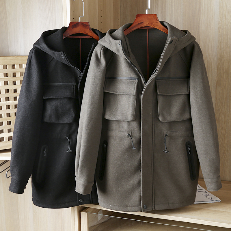 MC190682 秋冬加厚毛呢大衣男士冬季休闲工装连帽呢大衣外套