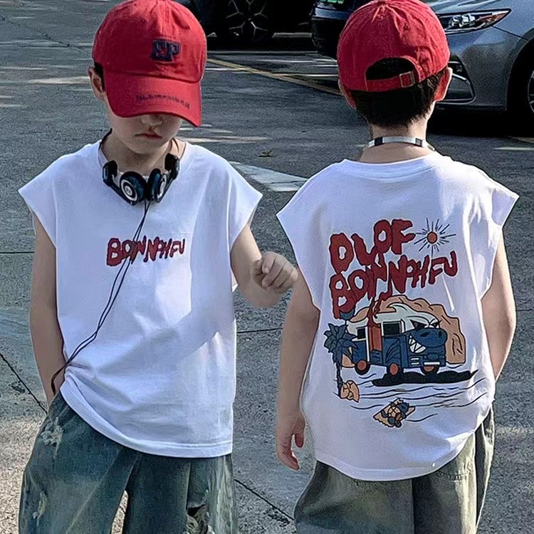 男童夏季纯棉无袖儿童背心新款中大童装卡通宽松薄款透气坎肩上衣