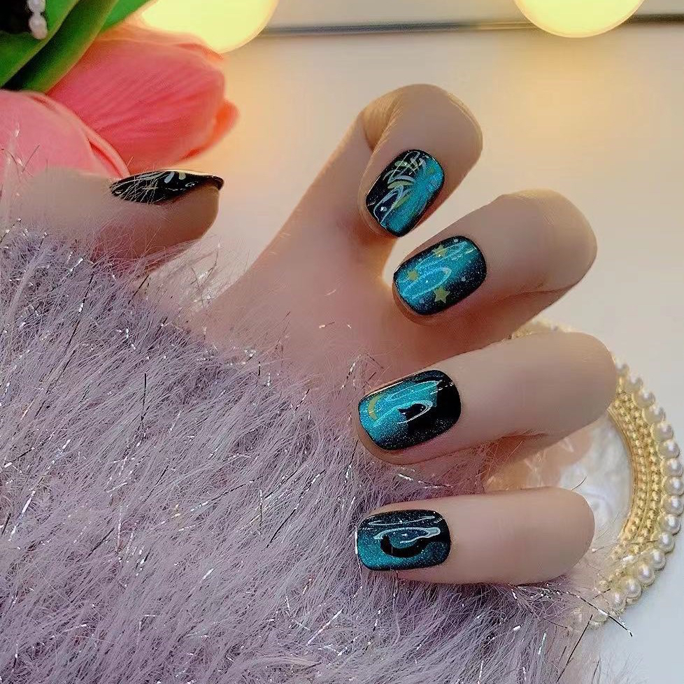 短款蓝色烟花穿戴式美甲时尚显白假指甲贴片成品爆款新款可拆455