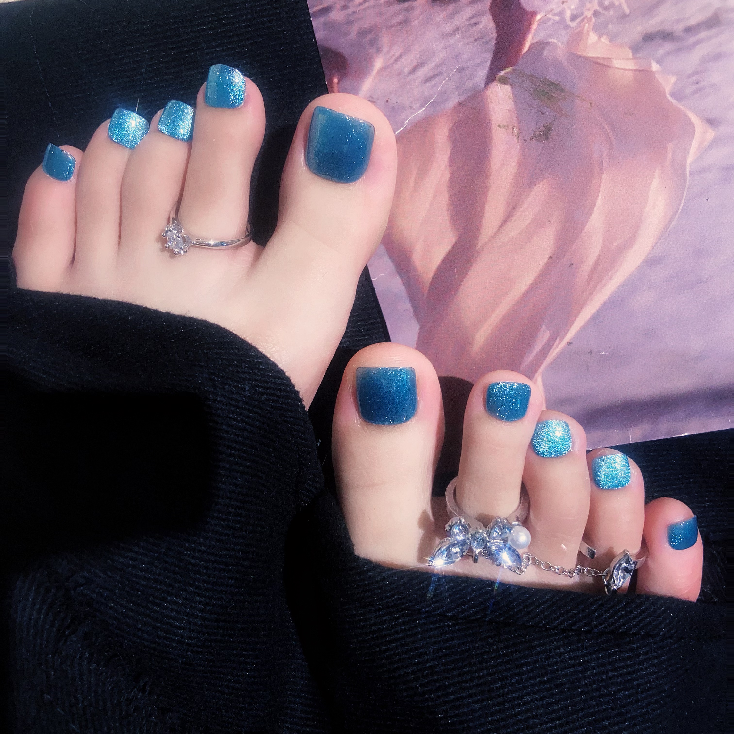 富贵千金墨尔本晶石猫眼手工光疗脚趾甲贴海蓝猫眼穿戴美甲F-048