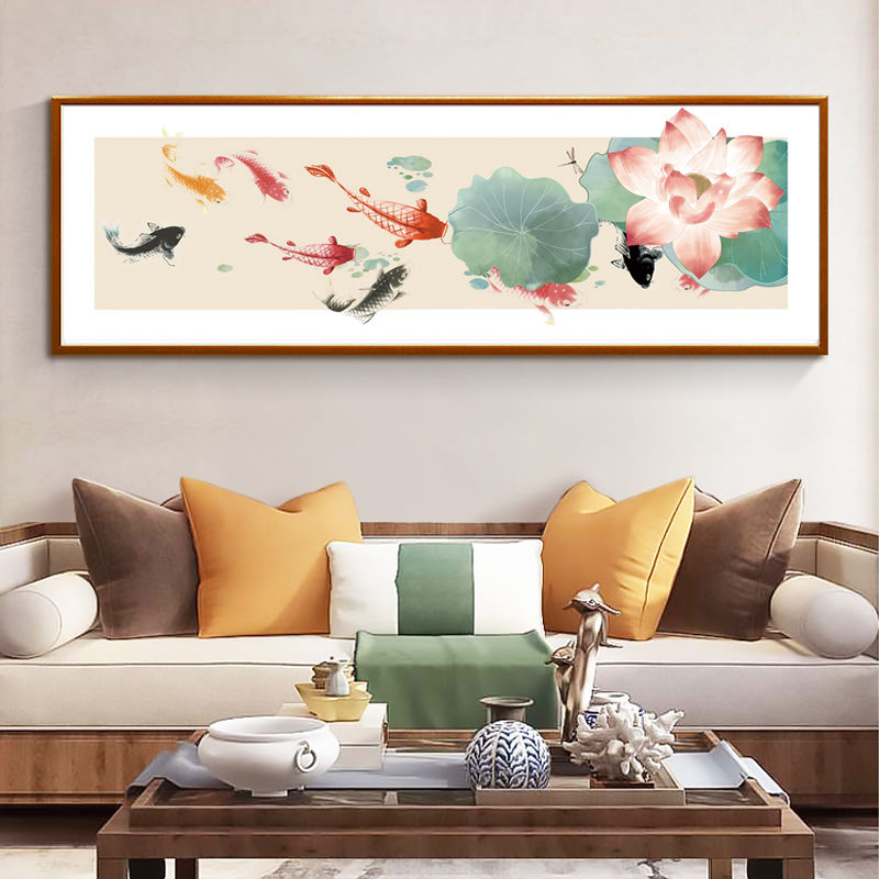 荷花九鱼图十字绣2024新款中式现代简约客厅卧室书房沙发背景墙