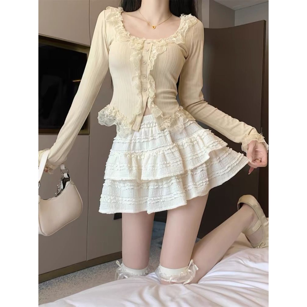 白色蛋糕裙半身裙女夏季新款小个子高腰a字短款蕾丝芭蕾蓬蓬短裙