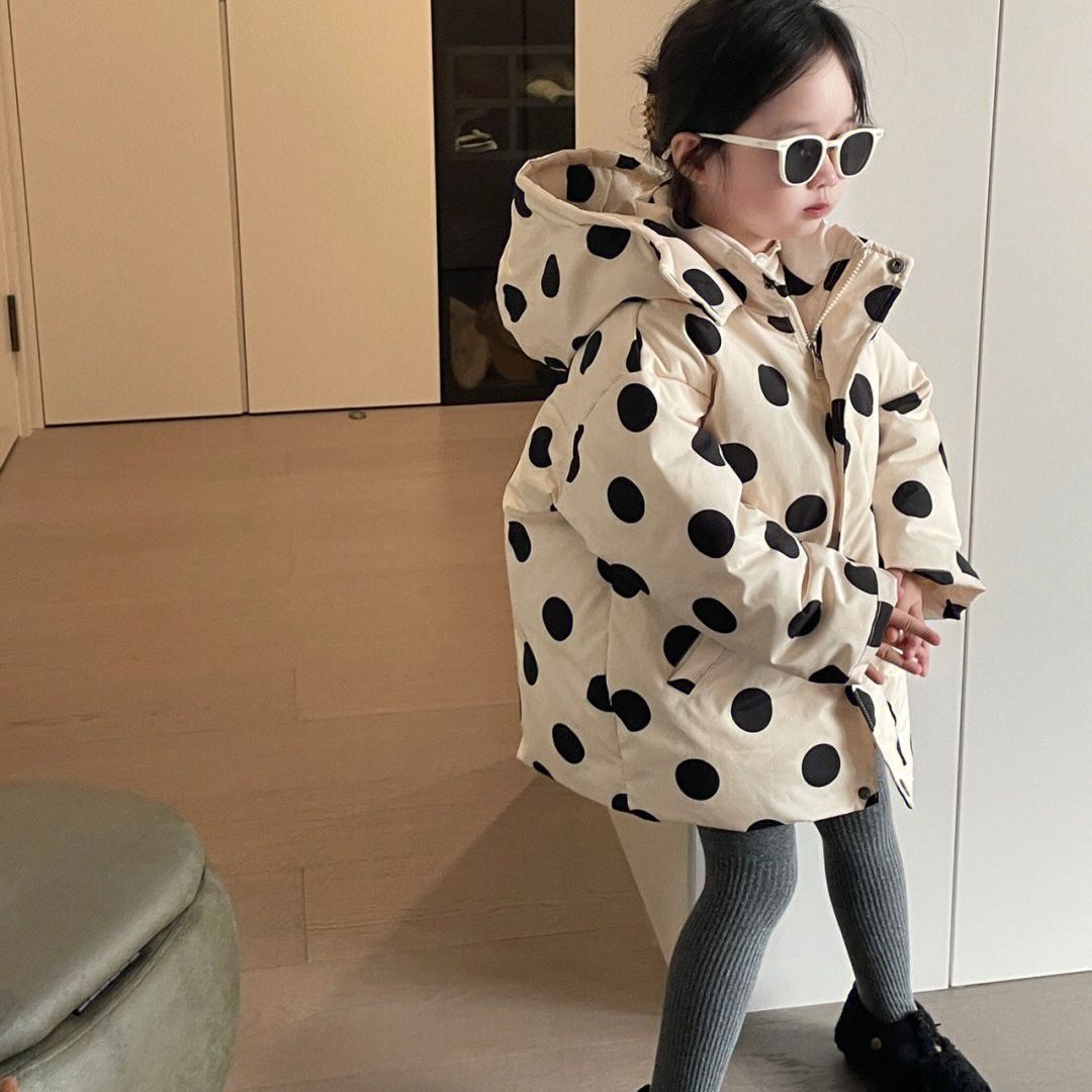 女童洋气棉服连帽中长款韩版休闲冬季加厚波点波点外套中长保暖
