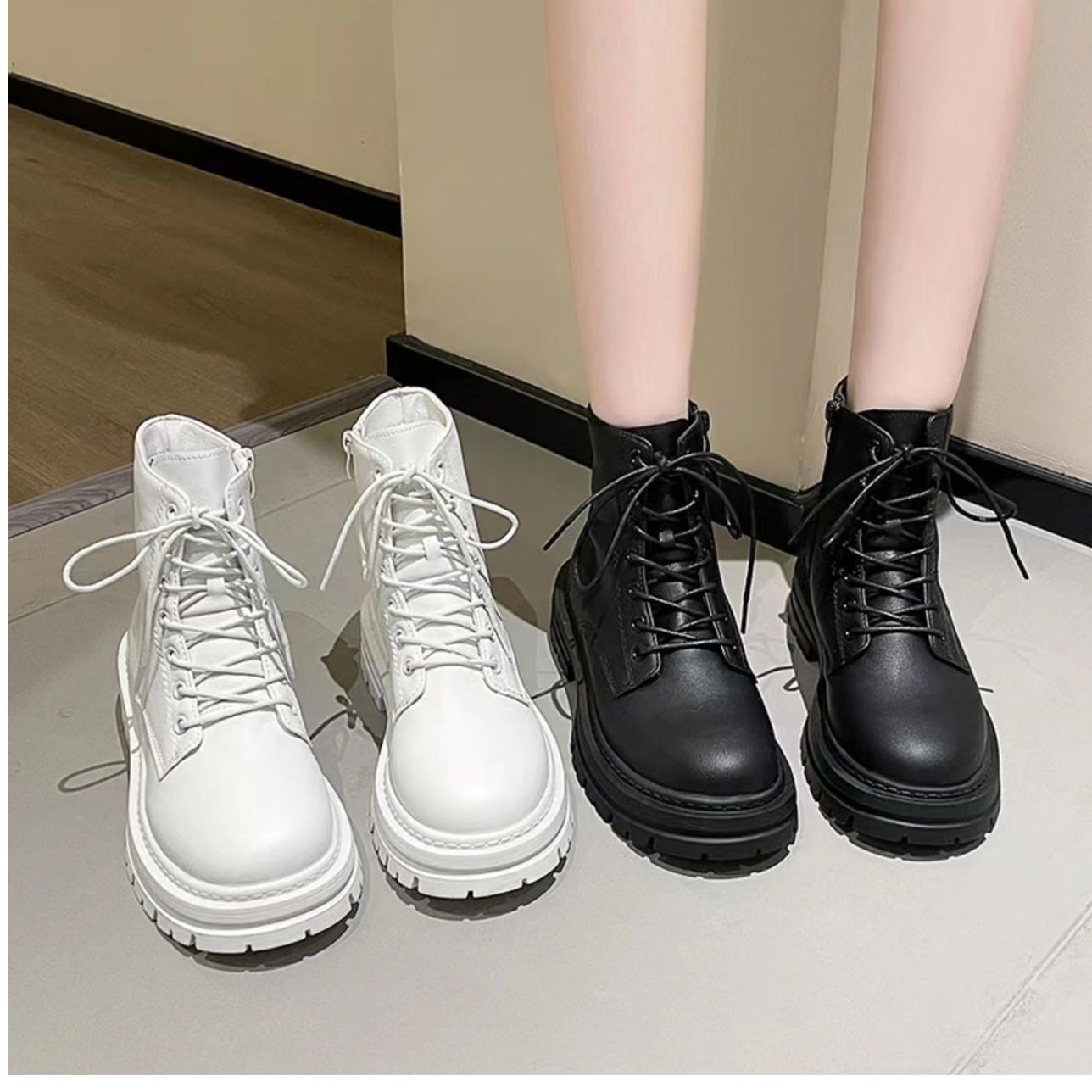 秋季新款英伦风靴子时尚厚底加绒百搭系带白色瘦瘦靴1210