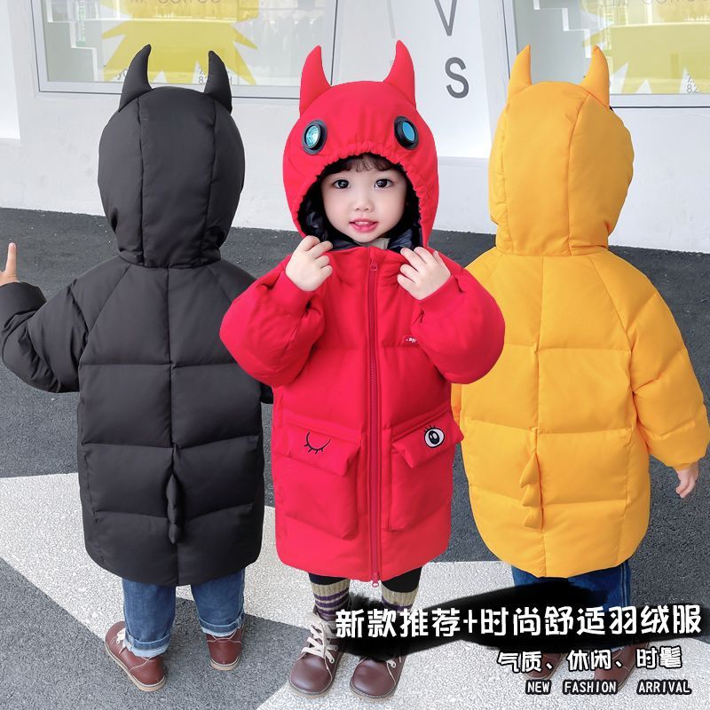 巴拉加绒长款加厚羽绒服女童卡通连帽男宝冬季婴儿外套恐龙羽绒服