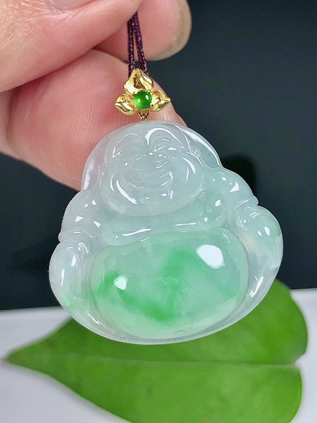 缅甸a18k金扣镶嵌冰种起胶飘阳绿挂件官方正版佛公冰种翡翠