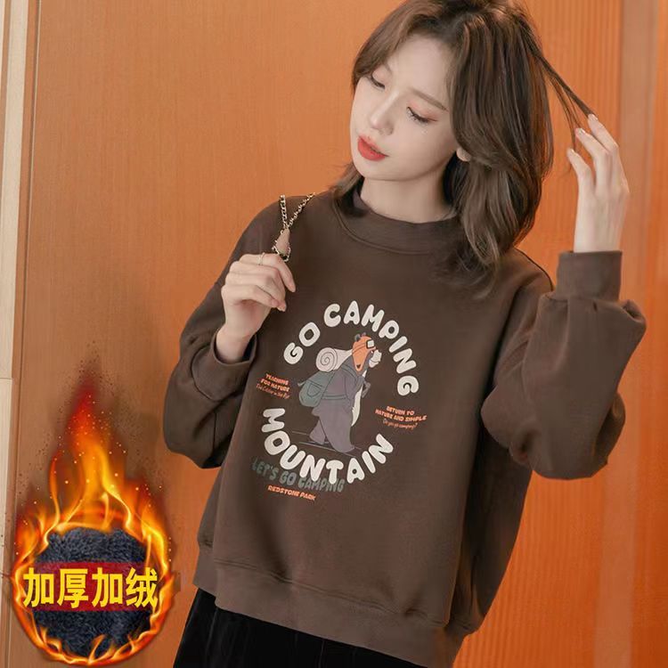 复古圆领加绒加厚卫衣女2023冬装新款宽松显瘦短款长袖上衣