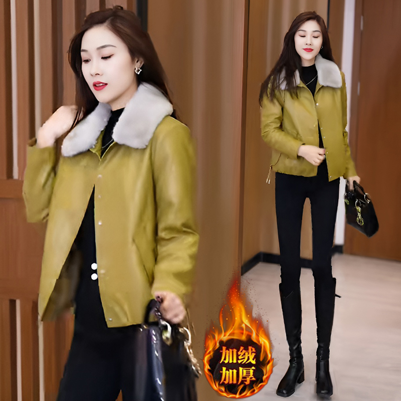 时尚加绒加厚带毛领短外套女2025年冬季新款宽松显瘦气质百搭皮衣