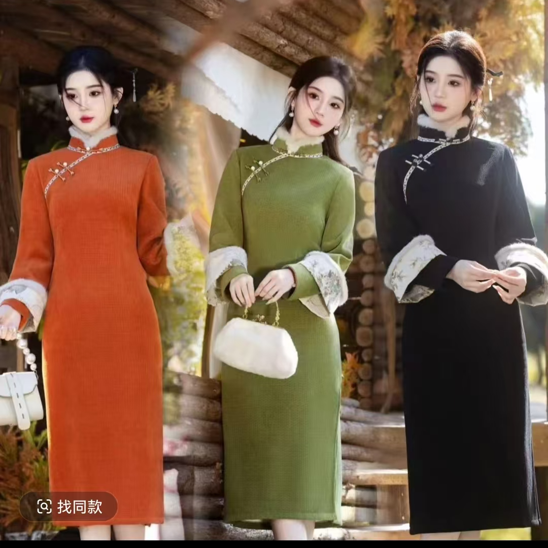 婉韵-中国风冬季新款加绒加厚修身小个子日常款旗袍冬款秋冬裙