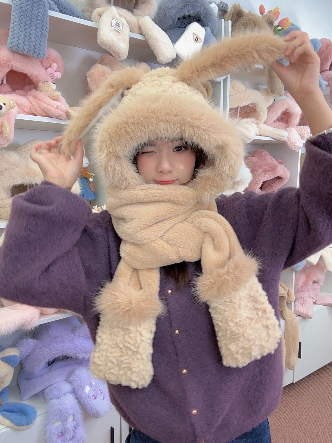 2024新款帽子围巾一体女冬季毛绒连帽手套三件套保暖防风围脖秋冬