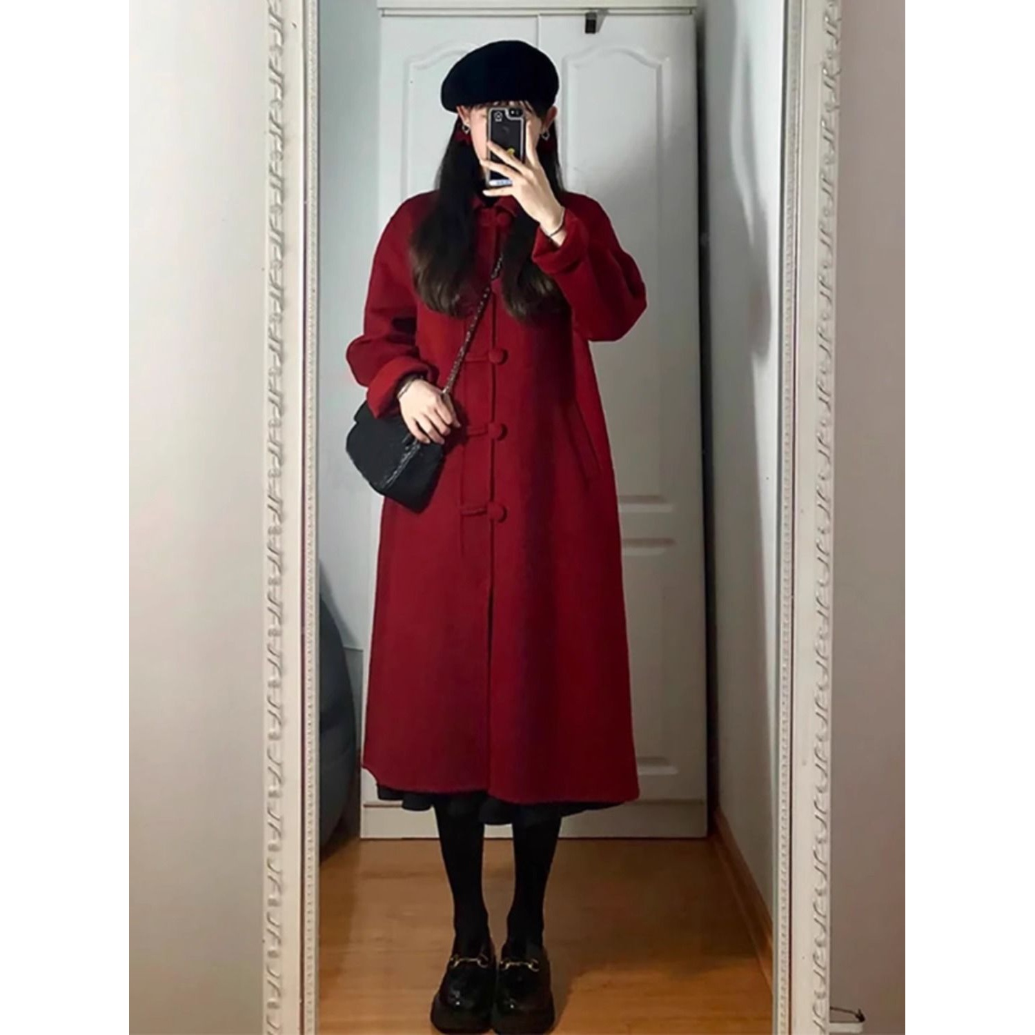复古盘扣红色呢子大衣女2023秋冬新款韩系赫本风气质加厚毛呢外套