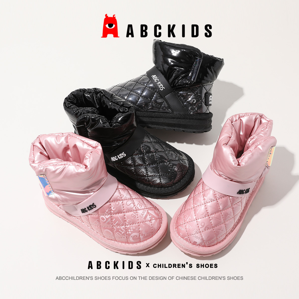 Abckids时尚女童软底百搭加厚雪地靴潮流加绒保暖鞋防寒棉鞋高帮/