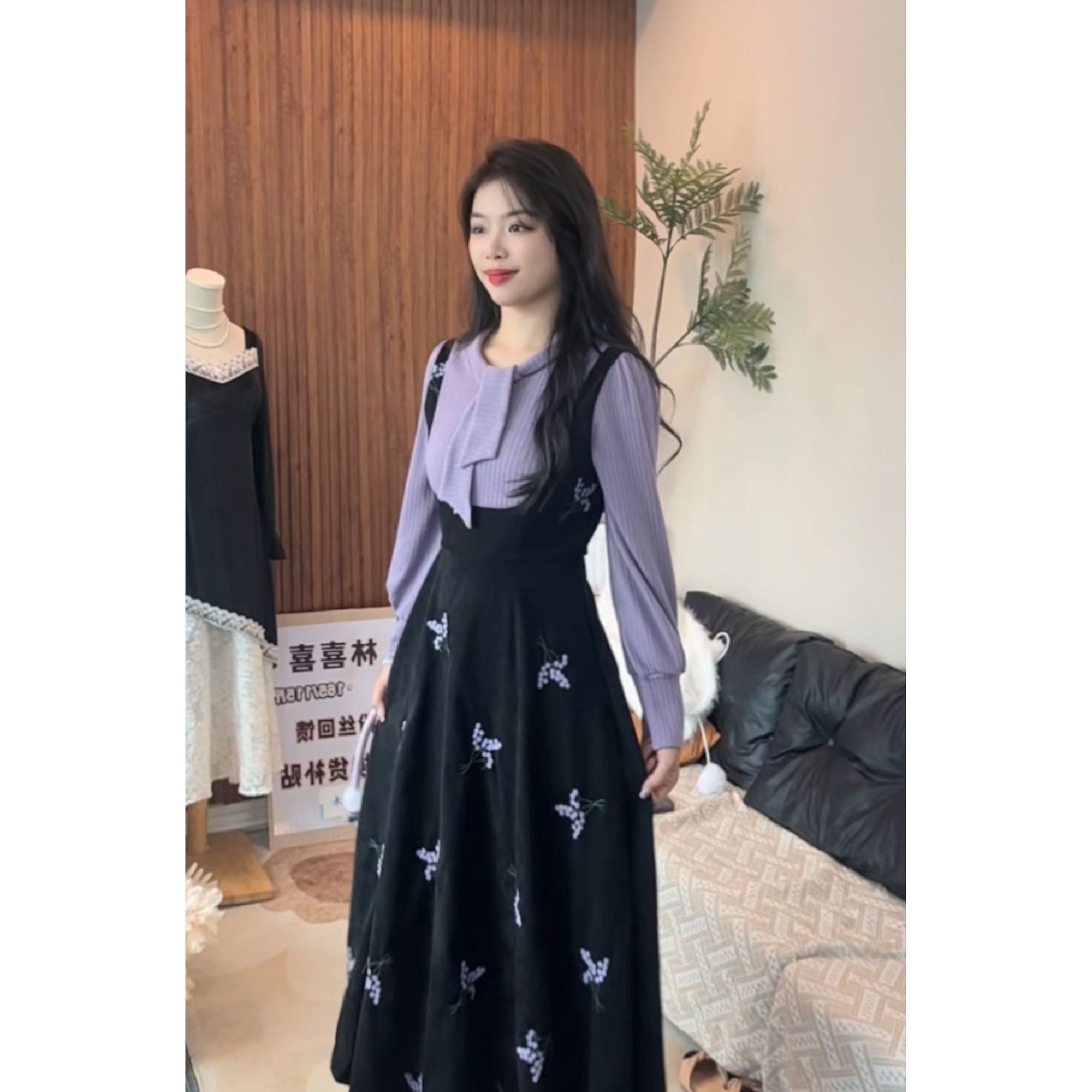 风铃物语 紫色拼接假两件秋冬新款法式收腰连衣裙长袖