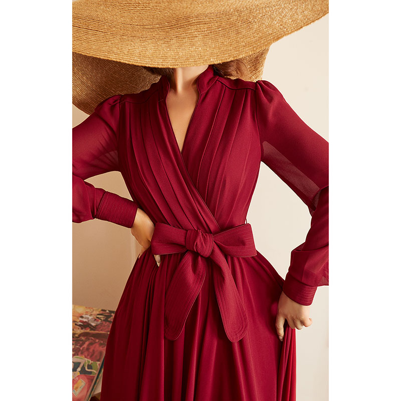 法式轻奢安可拉红色长款秋冬夏季连衣裙大摆礼服裙高腰显瘦70688