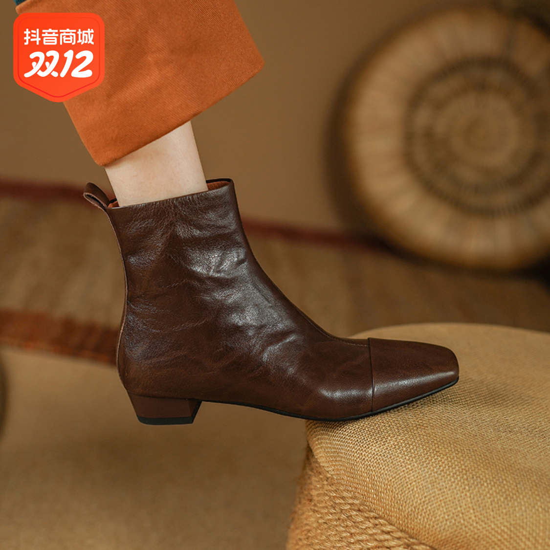 百丽纯爱【2cm】2023冬英伦复古风方头短靴女粗跟显瘦百搭黑色瘦