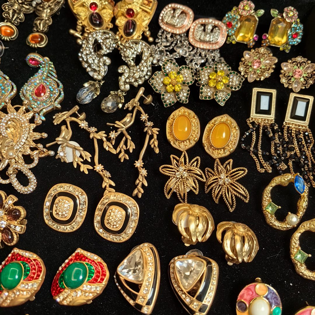 铜合金耳饰 铜合金中古vintage复古镶嵌精美古法时尚耳环手工彩色