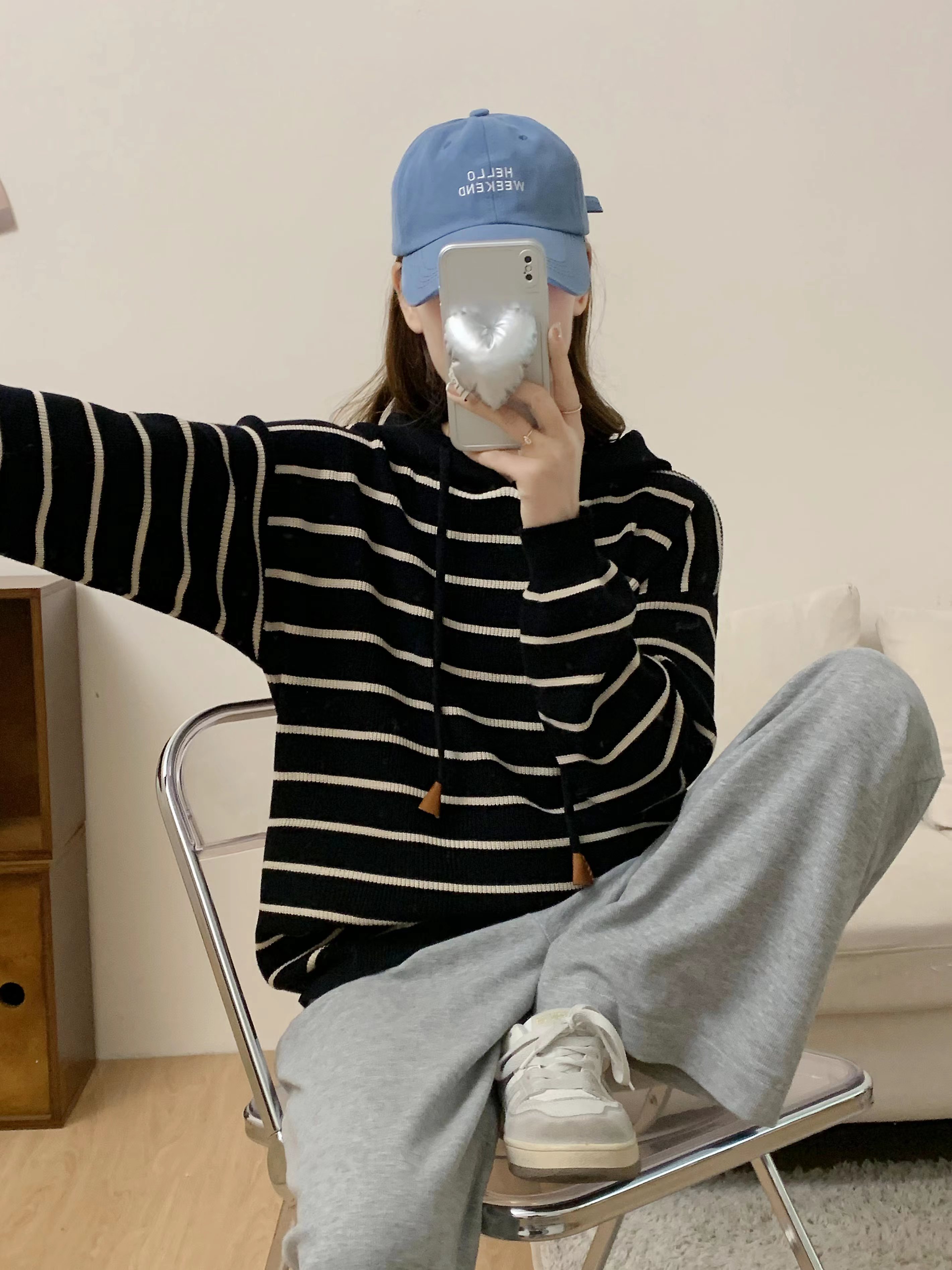 [必备款]时尚百搭简约连帽条纹针织衫