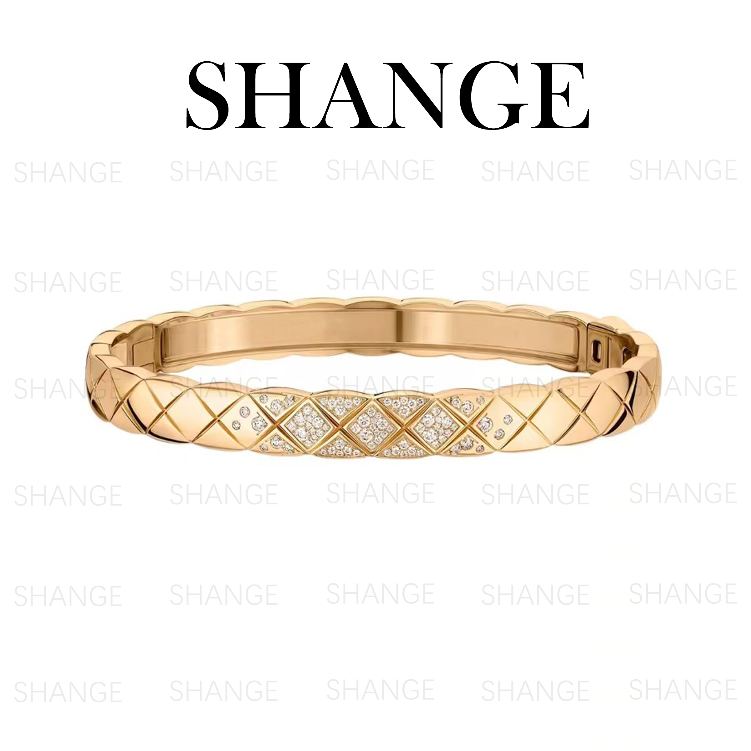 合金合成锆石手镯 菱形纹轻奢极简风宽版手镯 