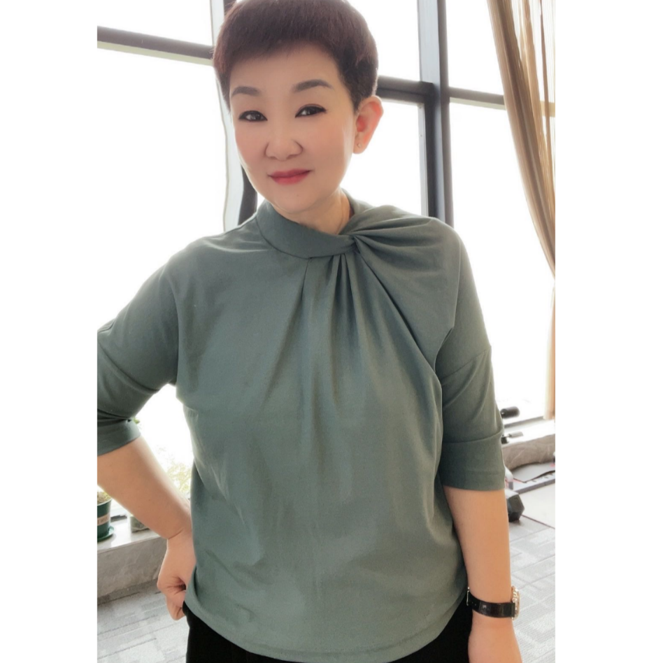 夏宽松中袖百搭休闲时尚纯色上衣23414