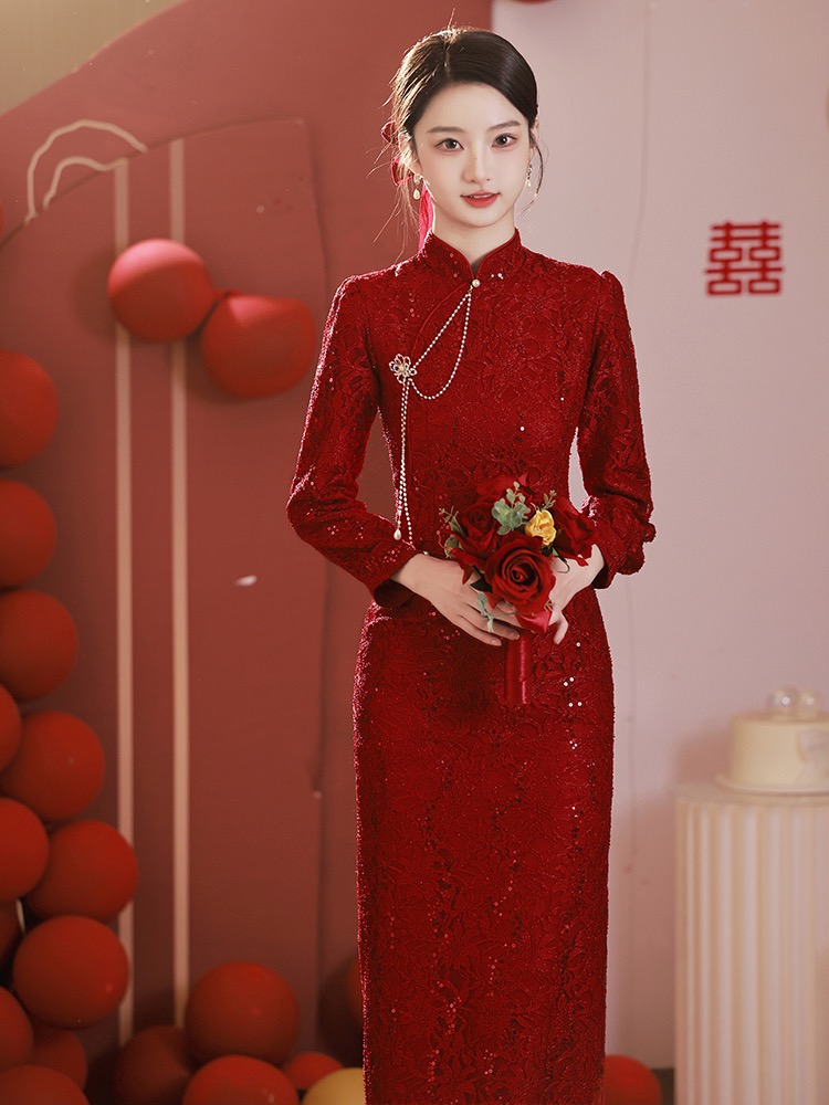 （S码中长款）红色亮片长袖旗袍礼服结婚订婚日常可穿
