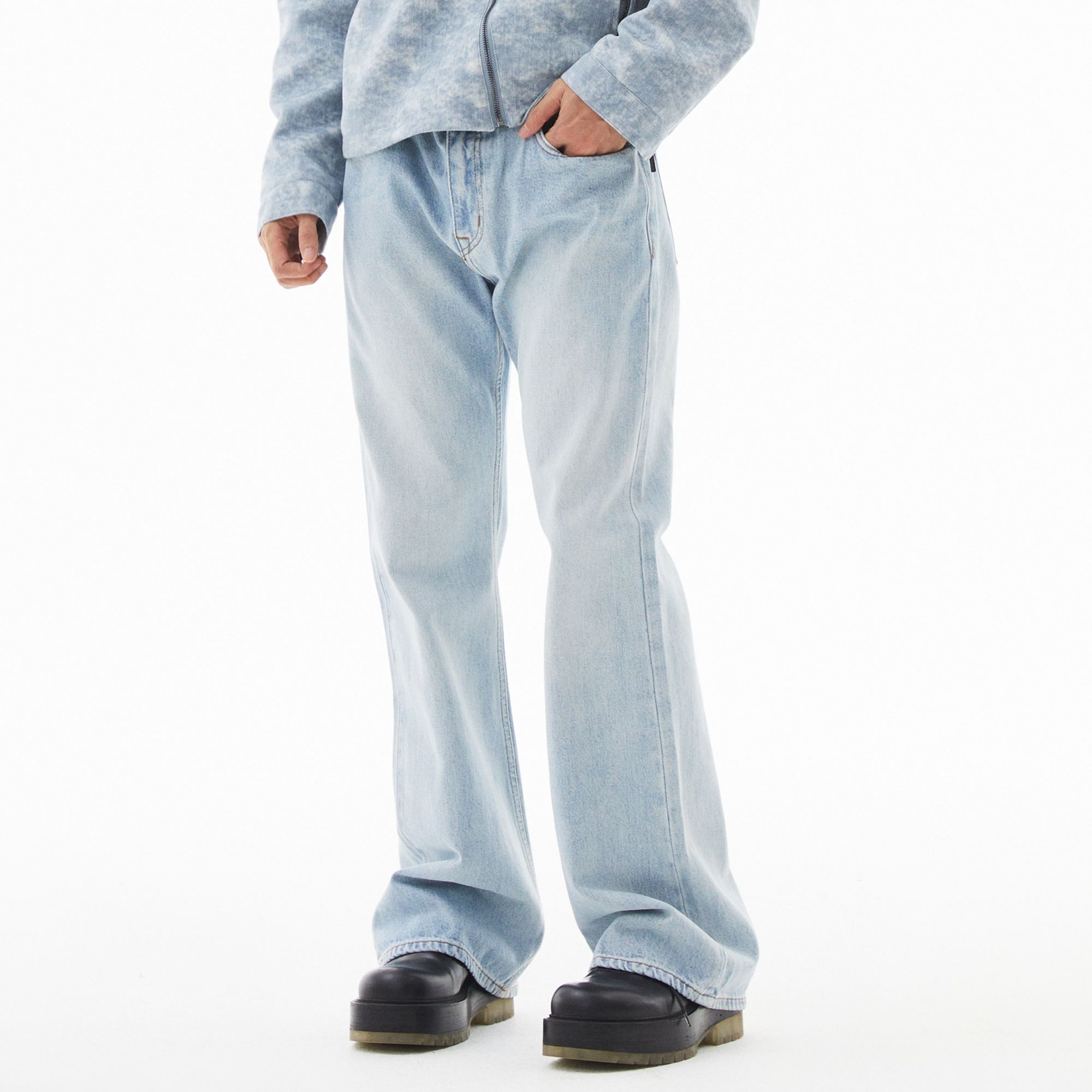 AsI'm「奶白」浅蓝色直筒微阔牛仔裤 13盎司纯棉纯色休闲长裤男