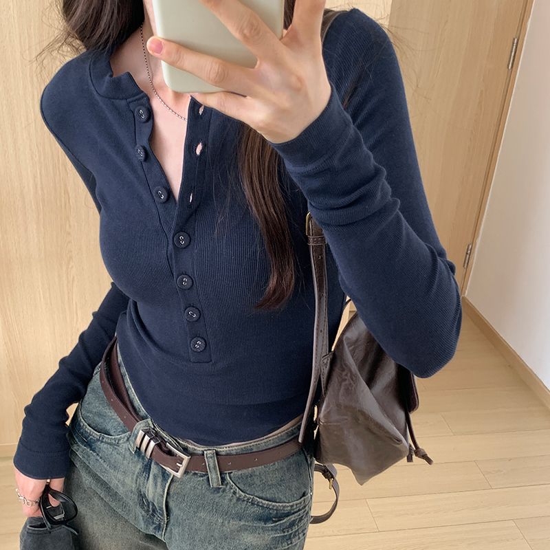 亨利领长袖t恤内搭打底衫女春秋新款修身韩系穿搭chic上衣YW-8267