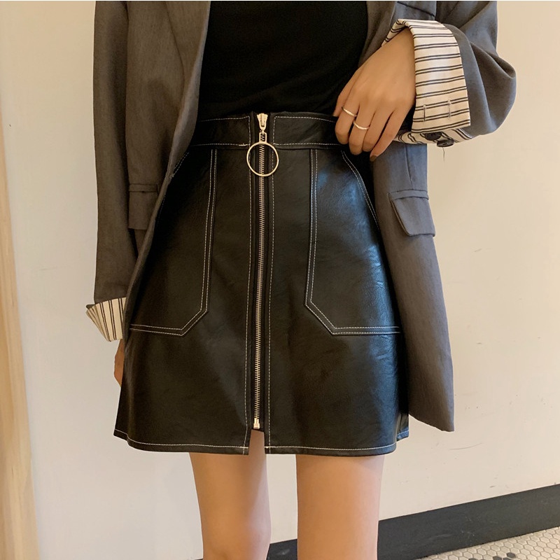 胖妹妹半身裙女2025秋冬韩版高腰a字黑色短裙拉链防走光百搭皮裙