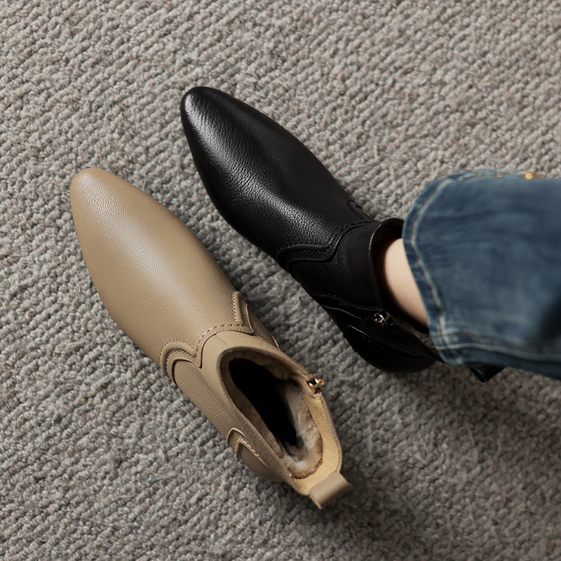 3cm[34-41]软羊皮尖头短靴女冬季加绒羊毛时尚棉靴软底法式小踝靴