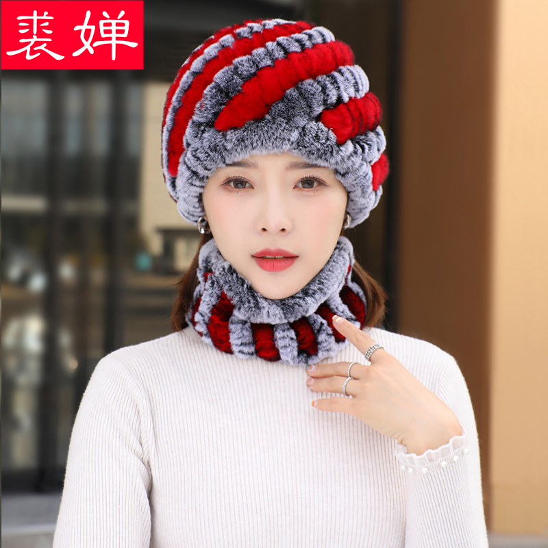 新款兔毛皮草帽子脖套女冬季两件套妈妈奶奶中老年加厚保暖护耳