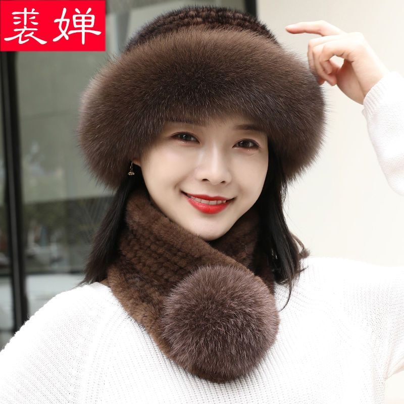 水貂毛皮草秋冬帽子围巾女百搭韩版潮渔夫帽真毛两件套保暖显脸小