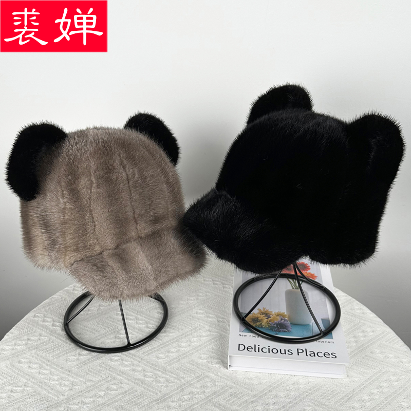 水貂毛鸭舌帽女冬季韩版可爱皮草小熊耳朵米奇帽子显脸小真貂皮帽