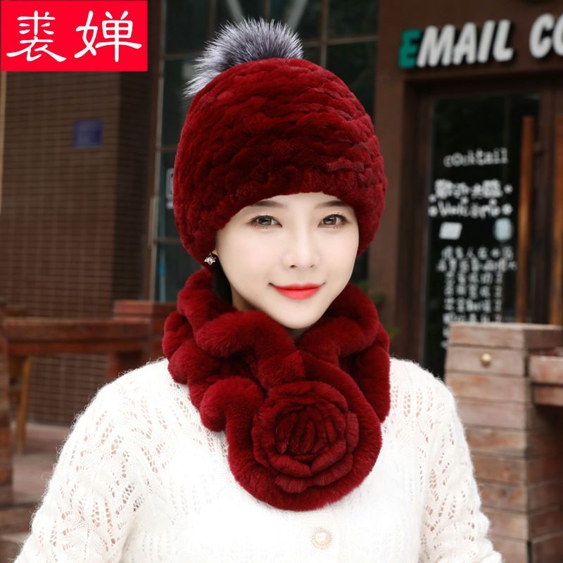 兔毛皮草帽子围巾两件套装二件套女秋冬天保暖中老年人妈妈奶奶