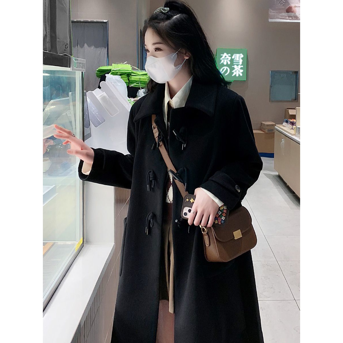 双面牛角扣呢子大衣女2023秋冬季新款韩系感毛呢外套中长款小个子