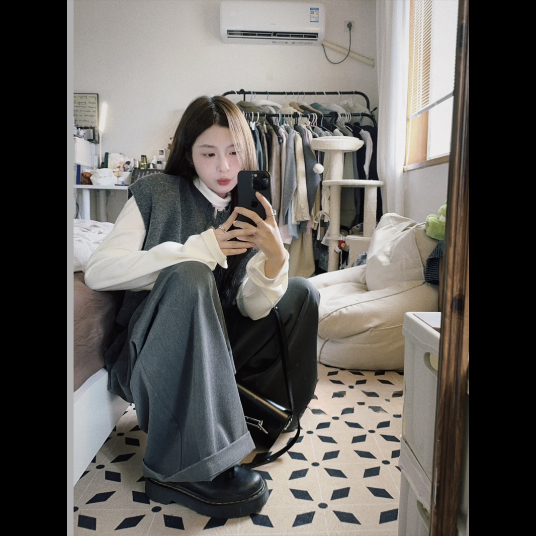 韩系复古小众高级感宽松短款针织马甲毛衣背心叠穿长袖上衣套装女