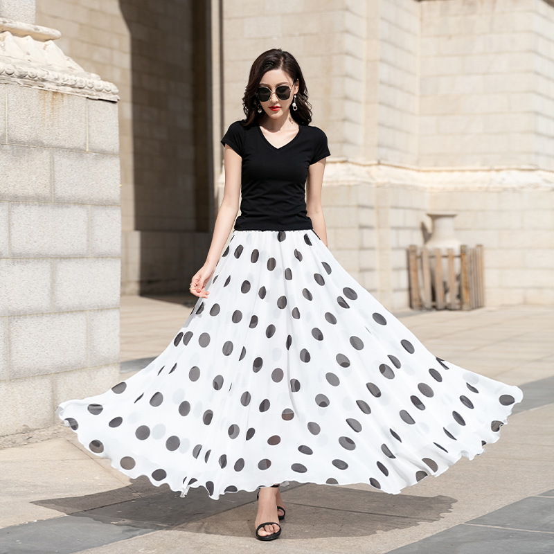 2024长款半身雪纺裙八米大摆长裙舞蹈裙沙滩裙松紧腰波点裙飘逸女