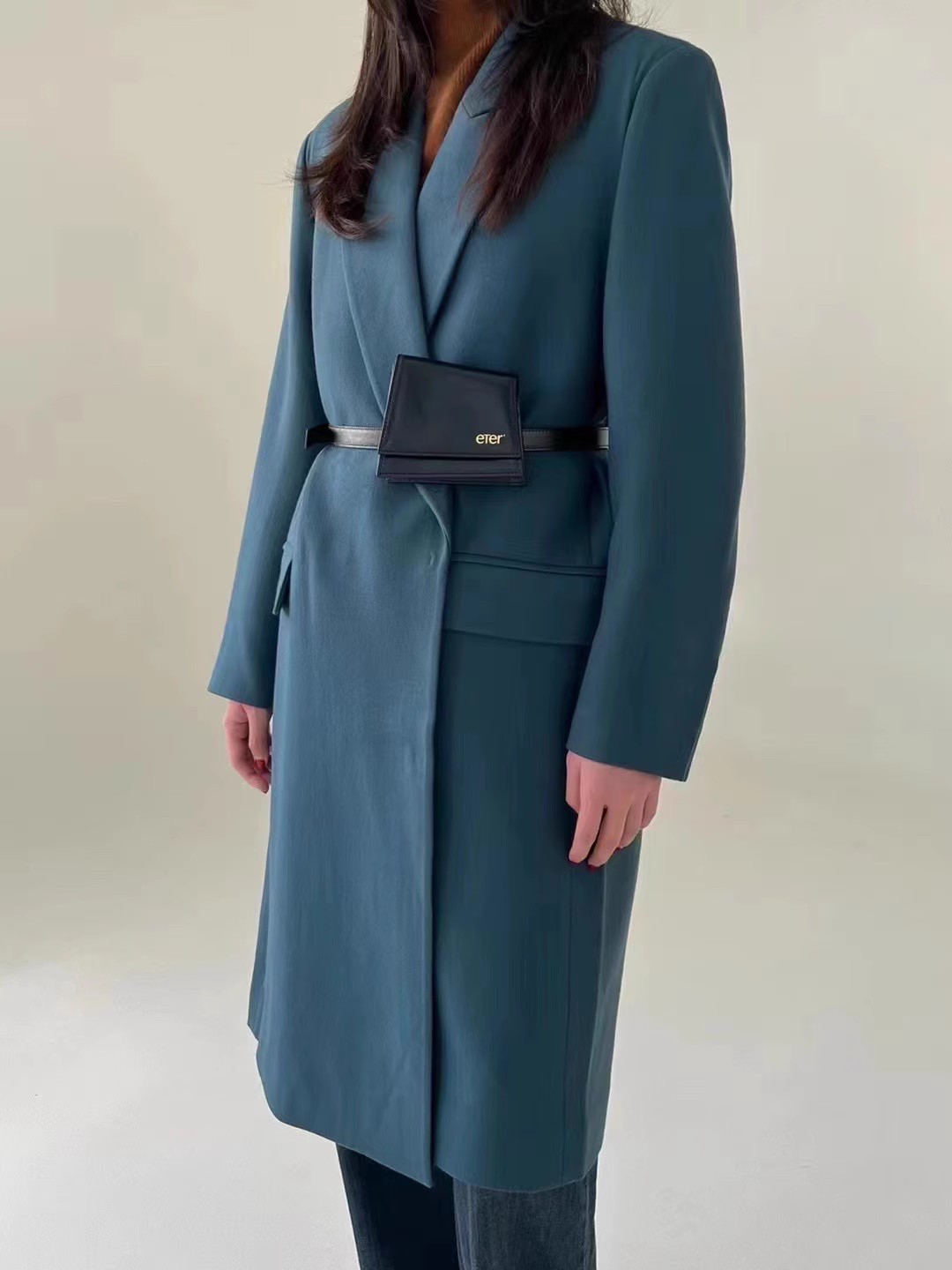 米娅 灰/蓝宽松过膝长款西装风衣外套