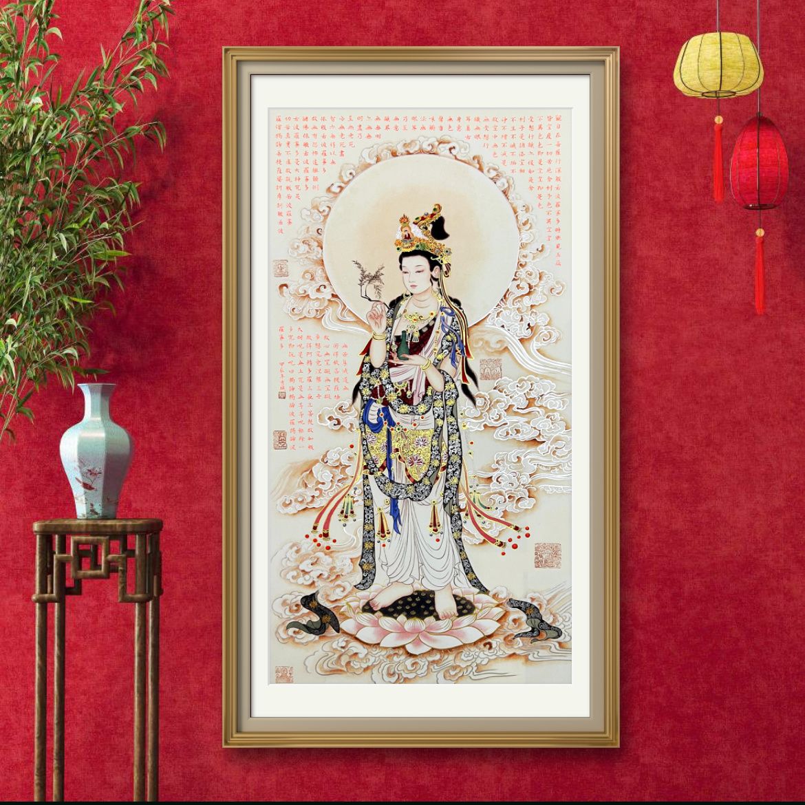 【宫彩手绘描金】祥云水月观音图——胡墨- 手绘国画