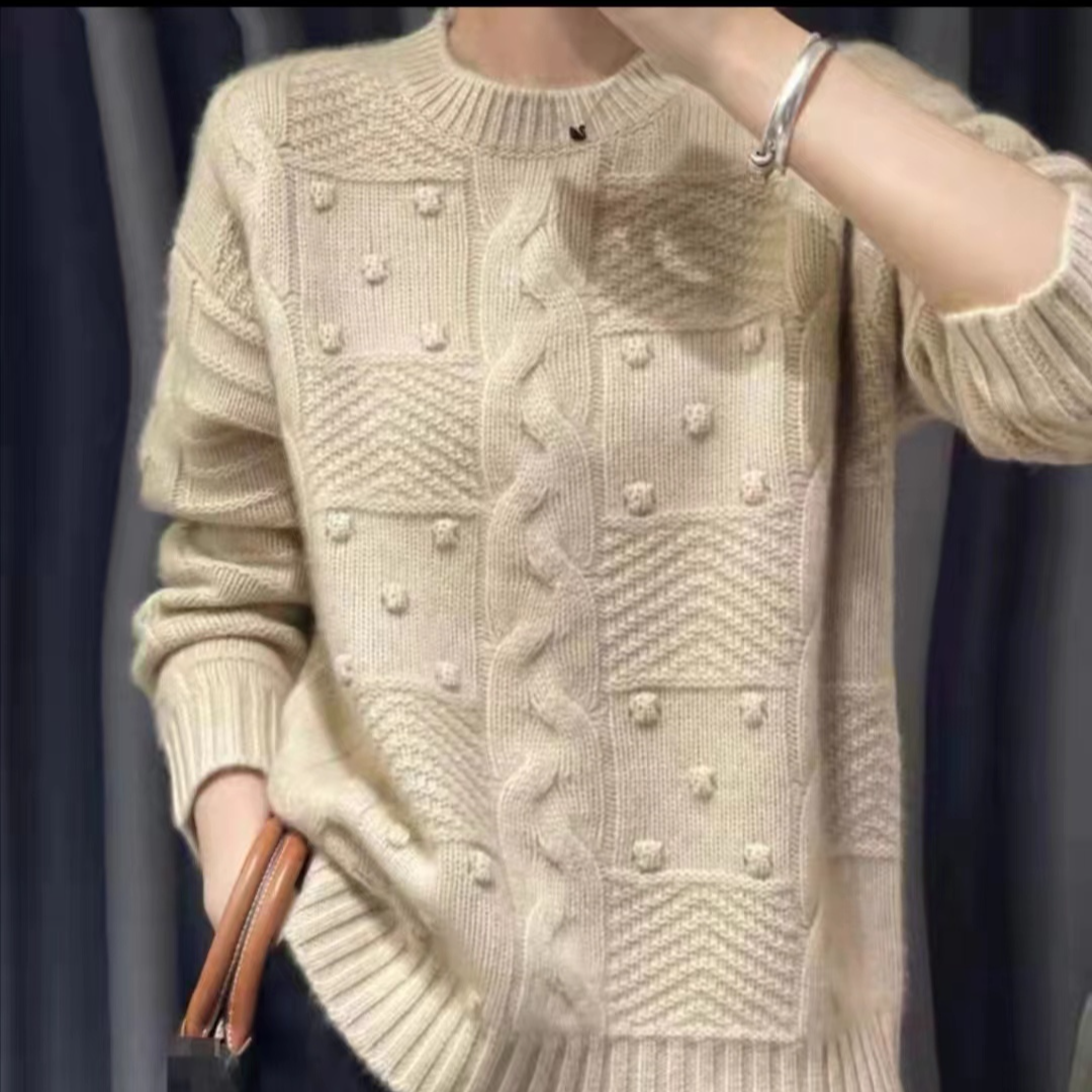 100分纯山羊绒秋冬加厚上衣圆领套头女士宽松针织衫羊绒衫打底