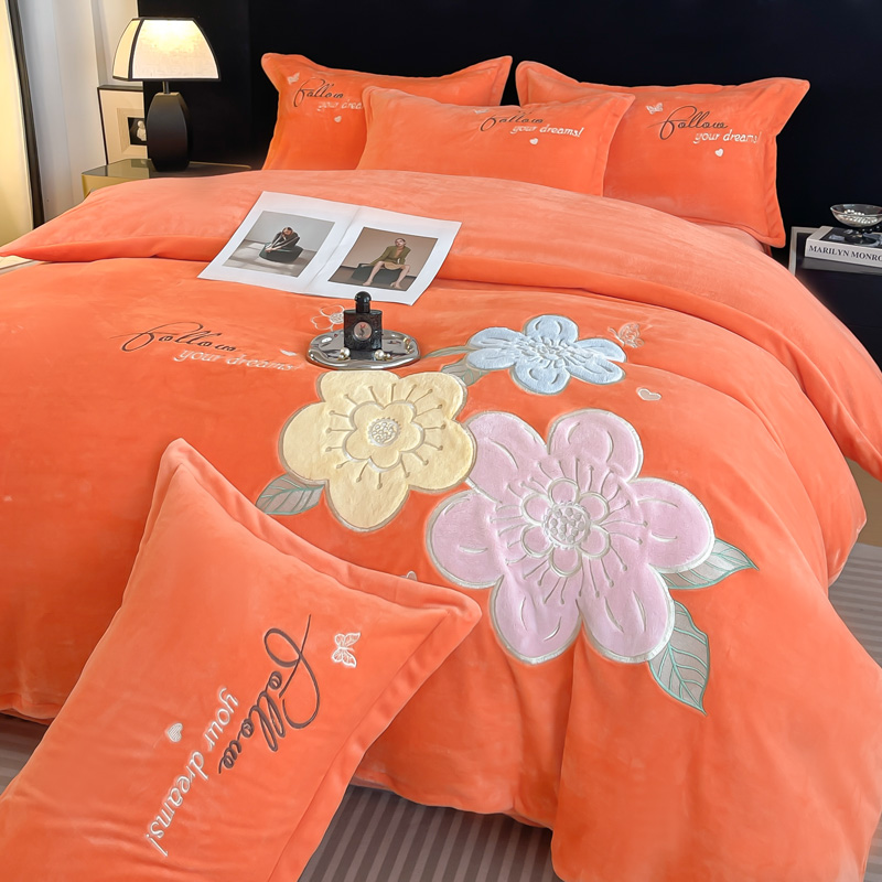 【花语橙】加厚婴儿牛奶绒四件套刺绣珊瑚绒被套冬季保暖法兰绒