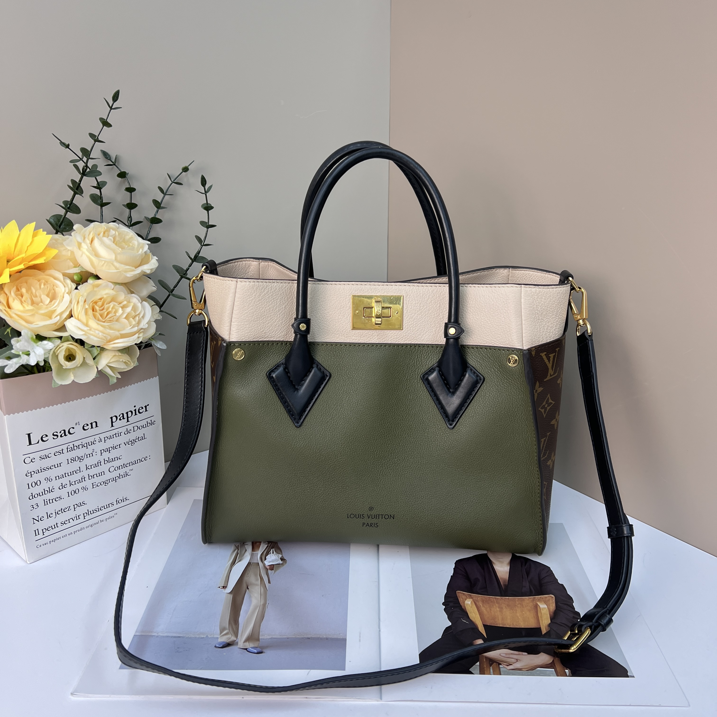 95新 LouisVuitton/路易威登 on my side绿色拼老花手袋芯片款