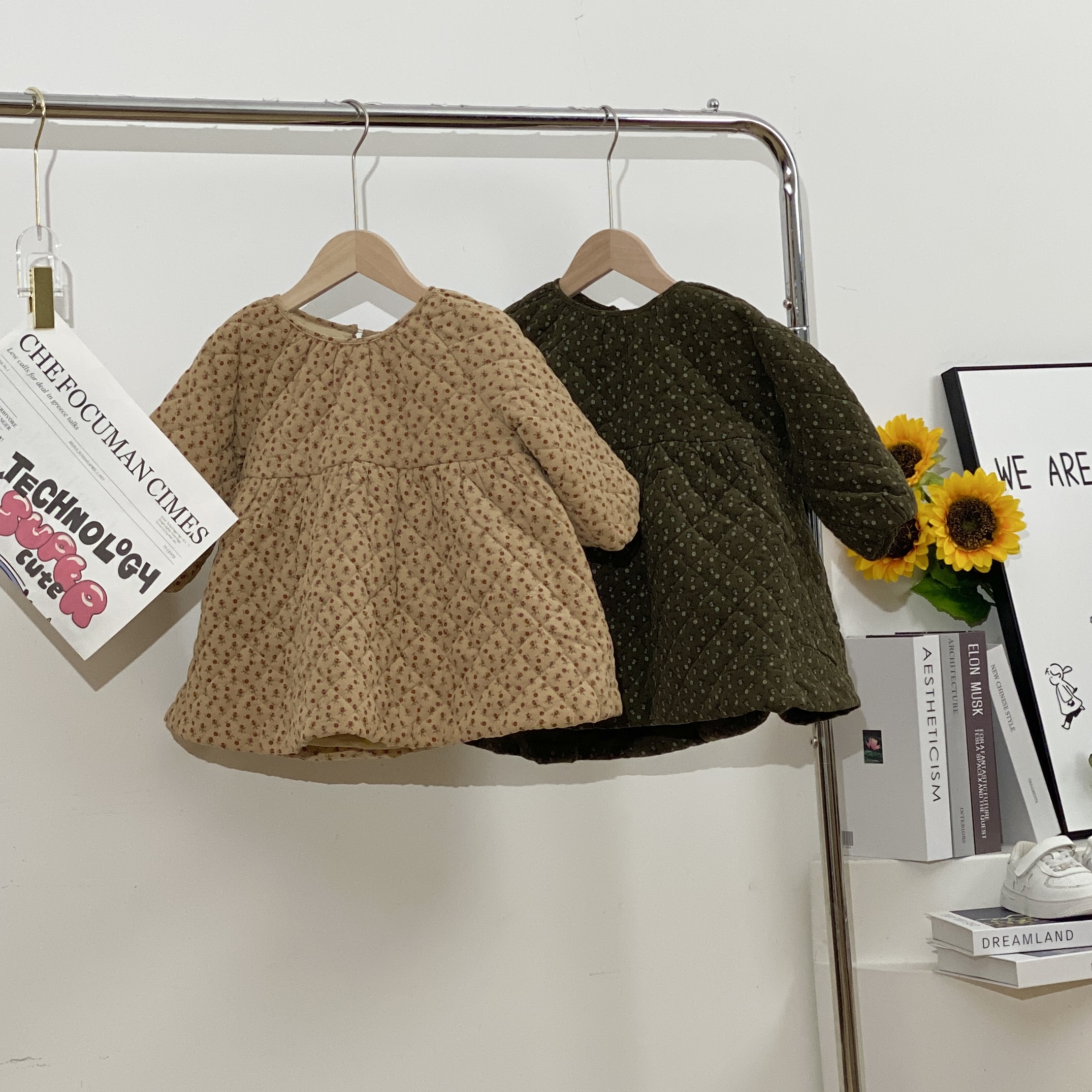 1554夹棉连衣裙卡其碎花  军绿碎花（BB）