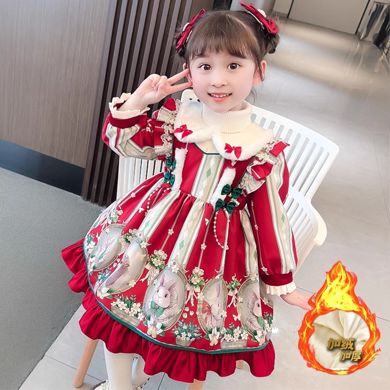 洛丽塔女童公主裙冬季2023新款儿童新年礼服裙子女宝宝加绒连衣裙
