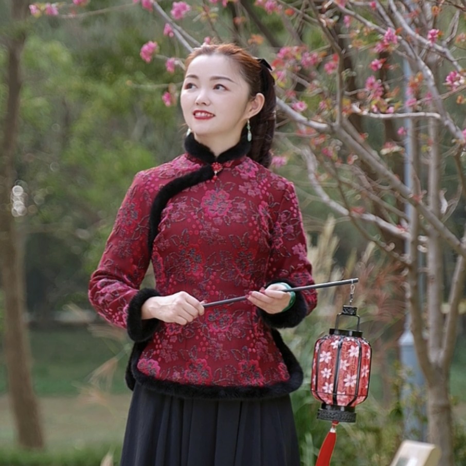 傲雪寒梅秋冬加厚加绒中式唐装旗袍小上衣ins外套单件长袖中国风